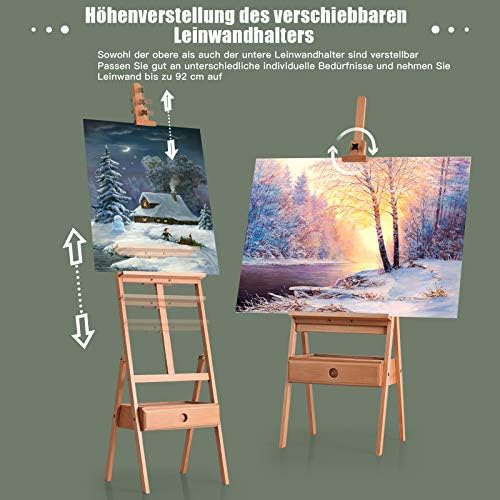 Caballete de artista con estante y cajón, caballete de madera de haya, caballete ajustable, caballete de estudio para lienzos de hasta 92 cm, caballete de suelo