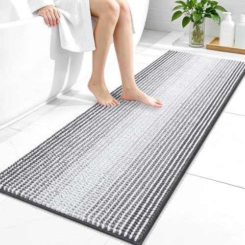 Image of OLANLY Bathroom Runner Rugs 47x20, Extra Soft Absorbent Chenille Striped Bath Rugs, Rubber Backing, Machine Wash Dry, Long Bath Mats for Bathroom, Tub, Shower, Home Decor Accessories, Grey
