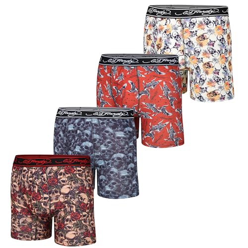 Catálogo de Hardy amies los preferidos por los clientes. 18 ED HARDY - Calzoncillos tipo bóxer para hombre, paquete de 4, ropa interior de tela suave, cierre de tirar, lavables a máquina, cómodos y elásticos, Paquete de 4 - Calaveras y...