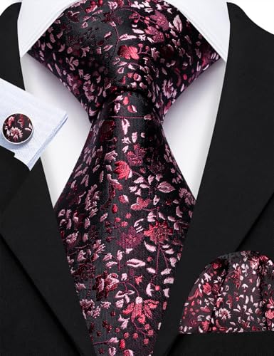 Image of Barry.Wang Flower Ties for Men Silk Woven Floral Tie Sets Necktie Handkerchief Cufflinks Wedding Party