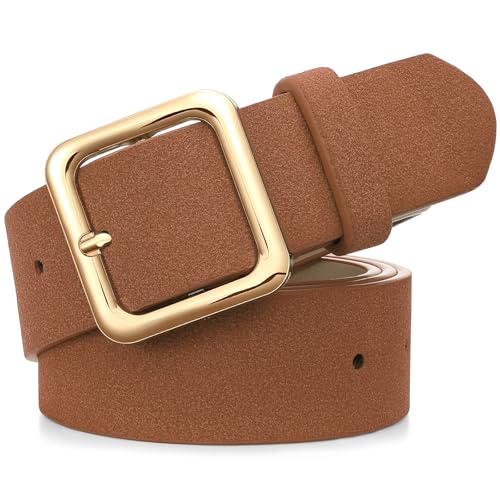 XZQTIVE Womens Suede Leather Belt for Jeans Pants Dresses Fashion Ladies Waist Belt with Gold Buckle Brown