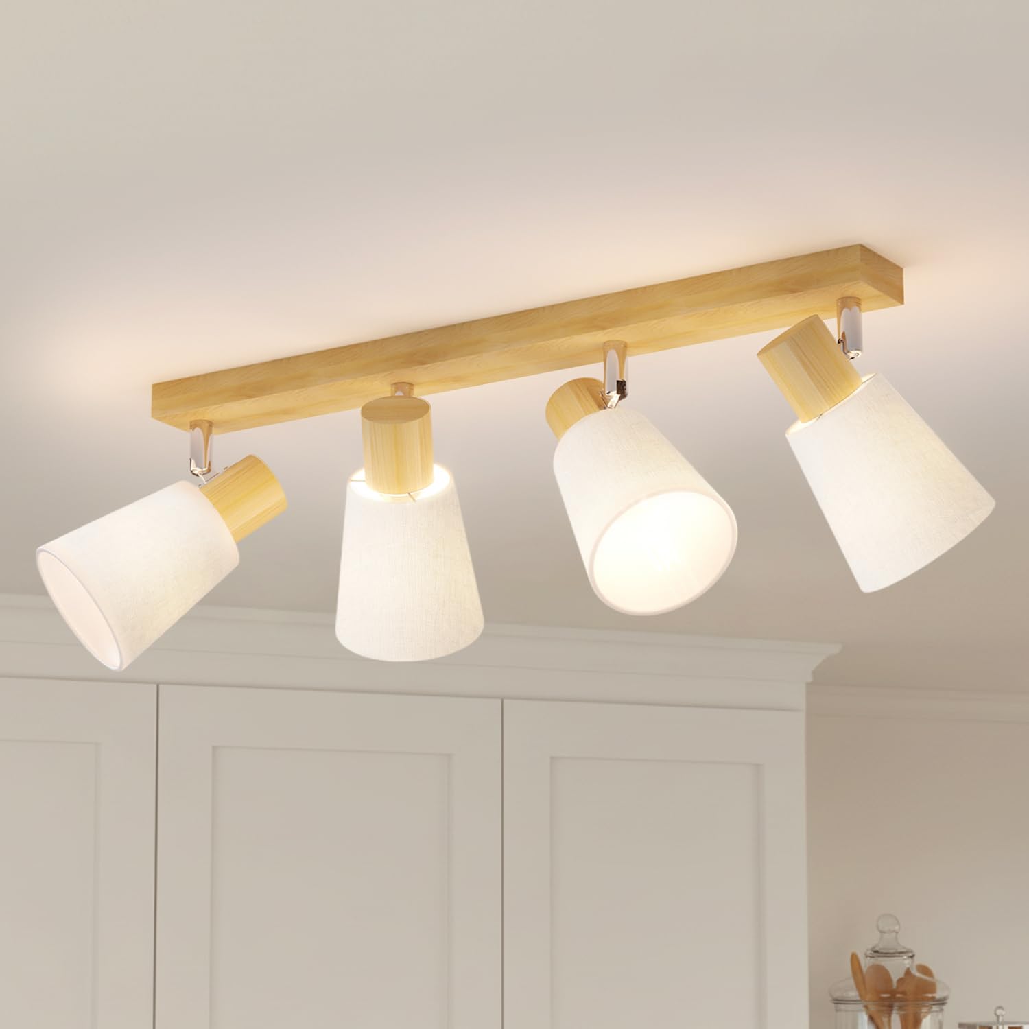 LVWIT Lámpara de Techo 4 Focos Orientables de Madera, Plafón Giratorio para E14, Retro para Cocina, Pasillo, Salón o Dormitorio – Bombillas No Incluidas
