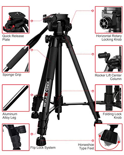 KINGJOY Compact Light Weight Tripods, Travel Portable Camera Aluminum Tripod with Fluid Head for Photography Video Shooting, Support Canon Nikon Sony DSLR Camcorder with Carry Case, Black, VT-860