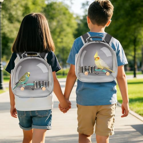 Image of Small Bird Travel Backpack Carrier Cage with Cups, Backpack to Transport Backpack Carrier with Clamp Cups Stand Perch for Parakeet Cockatiel Budgies Vet Carry Book Bag Black