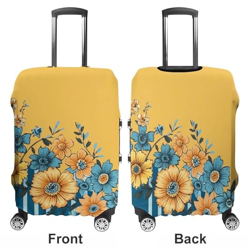 Yellow And Blue Floral Elastic Luggage Cover Suitcase Protector for 19-32 Inch Suitcases | Universal Stretchable Travel Bag Cover | Anti-Scratch, Washable with Zipper Closure M3