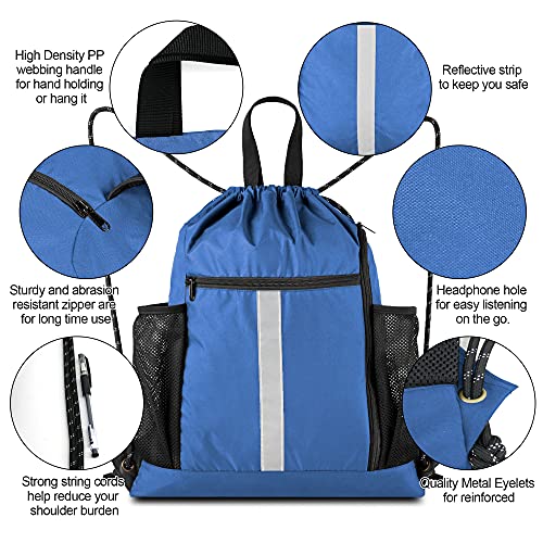 Image of BeeGreen Royal Blue String Backpack Bag Cinch Sack with Shoe Compartment and Two Side Mesh Pockets Lightweight Sturdy Drawstring Gym Sackpack 1 Pack for Unisex
