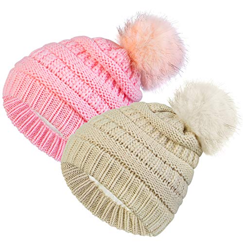 2 Pack Toddler Kids Winter Warm Fleece Lined Beanie Hats for Boys and Girls Crochet Hairball Knit Cap (1-6 Years)