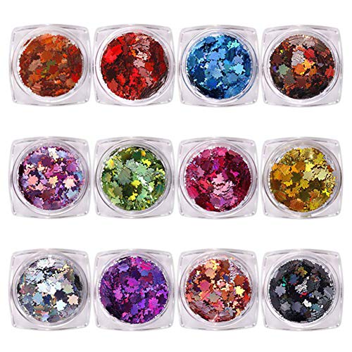 Aysekone 12 Boxes DIY Colored Maple Leaf Sequins Laser Nails Art Glitters Thin Paillette Flakes Stickers Colorful Confetti Sticker Manicure Nail Art Supplies Christmas Nail Manicure Decals Decoration