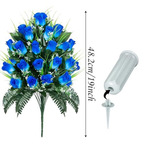 Artificial Cemetery Flowers, Grave Decorations Roses, Memorial Flowers Bouquet with Cemetery Vase, 2 Sets (Pure Blue) image 3