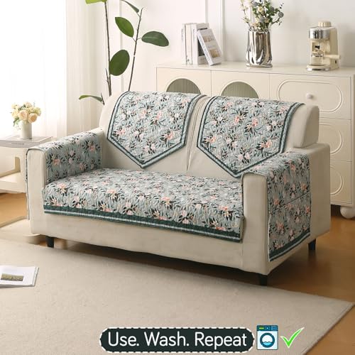Image of HOKIPO 'Florentina Series' Premium Holland Velvet Sofa Cover Mat for 2 Seater Sofa with Foam Filling for Extra Softness, Anti-Slip Backing, Magnolia Green (IN-879-V1)