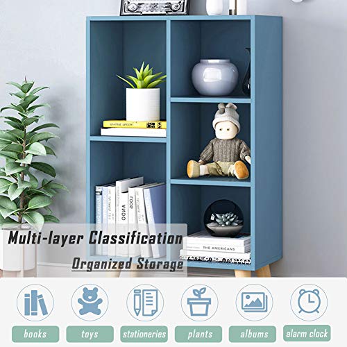 Image of IOTXY Wooden Open Shelf Bookcase - 3-Tier Bookshelf with Legs, Bright Blue