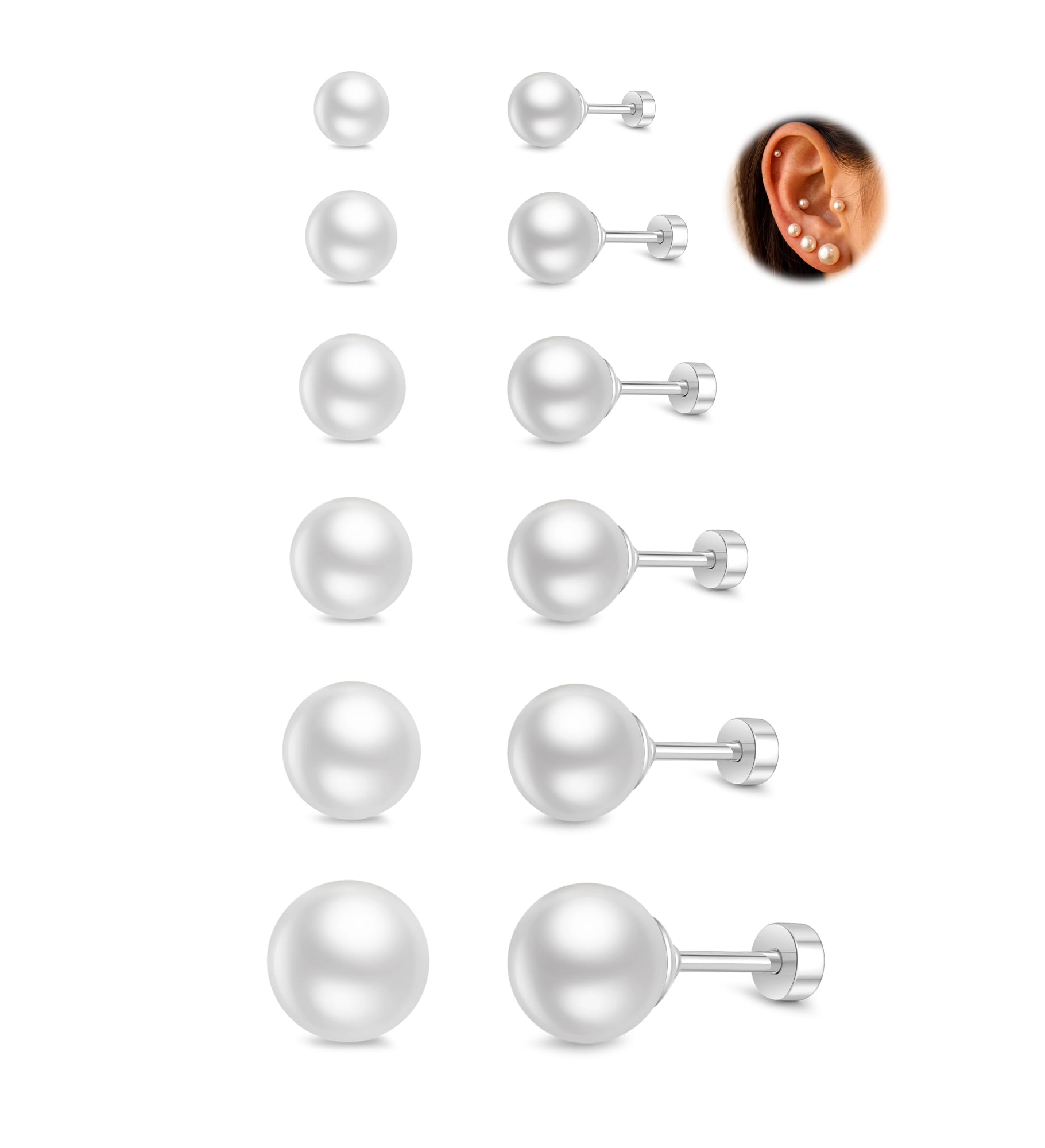 6 Paar Hypoallergene Silberfarben Flatback Perlen Ohrringe Set für Damen | Kleine Perlen Ohrringe für Damen Chirurgische Edelstahl Perlenohrsteckers für Mehrfach Piercing 4/5/6/7/8/9MM