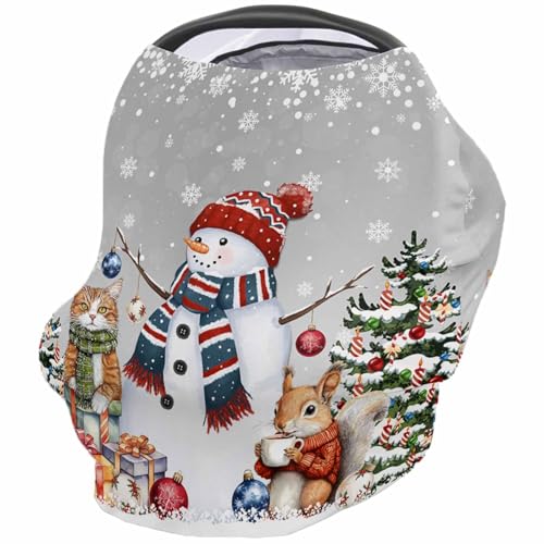 Nursing Cover for Breastfeeding Scarf, Xmas Tree Snowflakes Snowman Squirrel Cat Grey Baby Car Covers Super Soft Multi Use for Canopy Shopping Cart Cover Blanket Stroller Cover