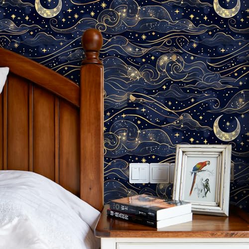 KDGHORMY Sky Wallpaper Peel and Stick Self Adhesive Dark Blue Dreamy Watercolor Vivid Romantic Whimsical Cloud Star Moon Contact Paper Removable Waterproof for Bedroom Renter Friendly 17.71"x118.1" — view 4