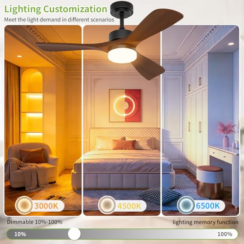 Image of 42 Inch Ceiling Fans with Lights and Remote Control, Walnut Ceiling Fan with Light for Bedroom, Living Room, Covered Outdoor, 6 Speeds Reversible Noiseless DC Motor, 3CCT, Dimmable LED Light
