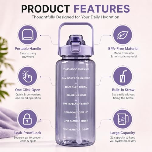 Image of DFIT 2L Transparent Motivational Water Bottle with Motivational Quotes, Time Marker, cute stickers, sippers, Leakproof Durable BPA Free Non-Toxic Plastic Bottle for Fitness, Gym (Purple)