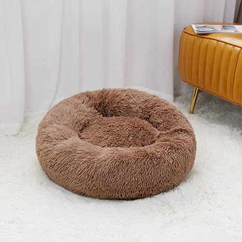 Hundebett Katzebett, Runde Weiche Haustierbetten Flauschiges Katze Schlafen Bett Waschbar Hundebett für Die Meisten Haustiere (40cm Khaki) Cover
