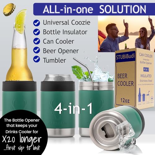 Image of Stainless Steel Beer Cooler With Bottle Opener, Vacuum Insulated Can Cooler 12 oz for Bottles Cans, 4-in-1 Universal Insulator Coozy for Bottles Cans, Best Gifts for Beer Lovers (Green)