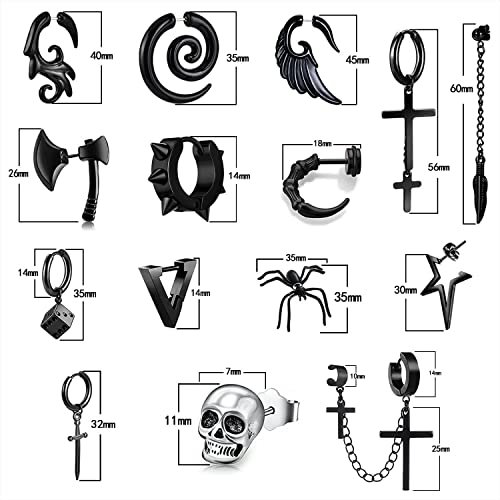 15 Pairs Punk Style Earrings Set for Women and Men, Black Stainless Steel Gothic Earrings Kit Fashion Cross with Cross, Axe, Wing, Skull Heads, Spider, and More2