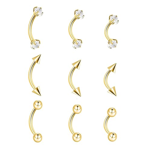 9PCS Gold Eyebrow Piercing Jewelry Titanium, Rook Jewelry Gold Surgical