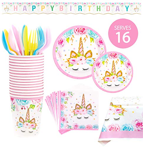 BleuZoo Unicorn Party Supplies - Girls Birthday Decorations Set Decor Theme Tableware Pack - Includes: Big and Small Plates, Tablecloth, Banner, Napkins, Cups, Forks, Knives, Spoons (Serves 16)