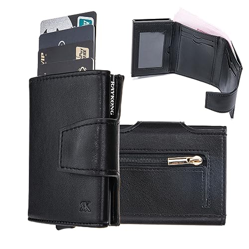 RAYKONG Cartera Tarjetero Bloqueo RFID/NFC para Hombre y Mujer | Porta Tarjetas Aluminio automática Pop-up | Billetera con Monedero Fibracarbono (Negro)