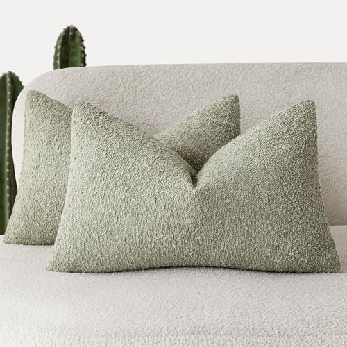 Image of Foindtower Pack of 2 Textured Boucle Throw Pillow Covers Accent Solid Decorative Lumbar Pillow Cases Cozy Couch Cushion Case for Chair Sofa Bedroom Living Room Home Decor 12x20 Inch Dirty Sage Green