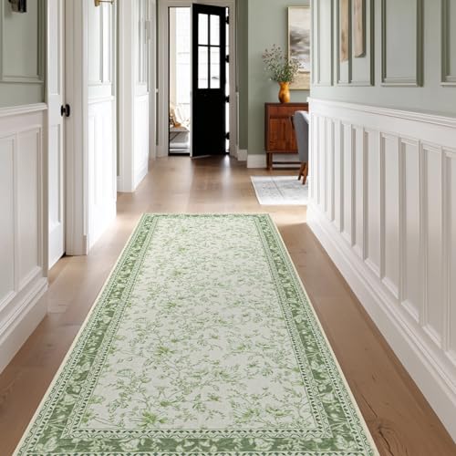 Light Green Kitchen Rug 3x8 Modern Vintage Boho Farmhouse Unique Floral Sage Cream Beige Peony Lily Sketch Style, Washable Low Pile Non-Slip Extra Long Wide Runner Rugs for Hallway 8 ft Long