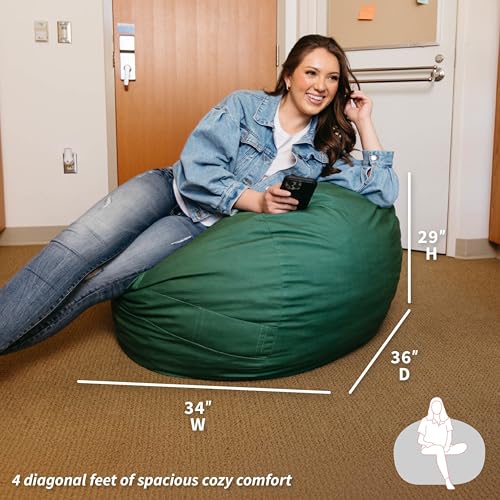 Image of Big Joe Fuf 4Ft Foam Bean Bag Chair with Removable Cover for Kids, Teens, Collegiate Green Velveteen, Durable Woven Polyester, 4 Foot Large Reading and Gaming Seat