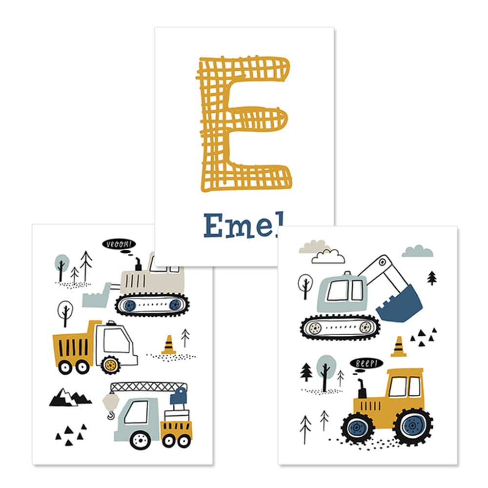 Youihom 3 Affiche Prenom Enfant Garcon 30x40cm Posters Véhicules Camions Chariot Élévateur Tracteu Cranes Voiture Tableau Chambre Enfant Mural Deco Bebe Cadeau A3 sans Cadre