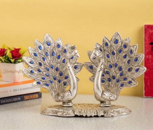 Image of KridayKraft Double Peacock Metal Statue, Lovers Peacock Couple, Animal Showpiece Figurines, Feng Shui as Table Top Figurine for Living Room, Office, Bedroom, Decorative (Silver)