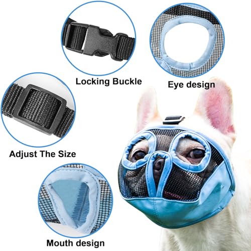 Image of Short Snout Dog Muzzles- Adjustable Breathable Mesh Bulldog Muzzle for Biting Chewing Training Grooming Dog Mask,Blue M