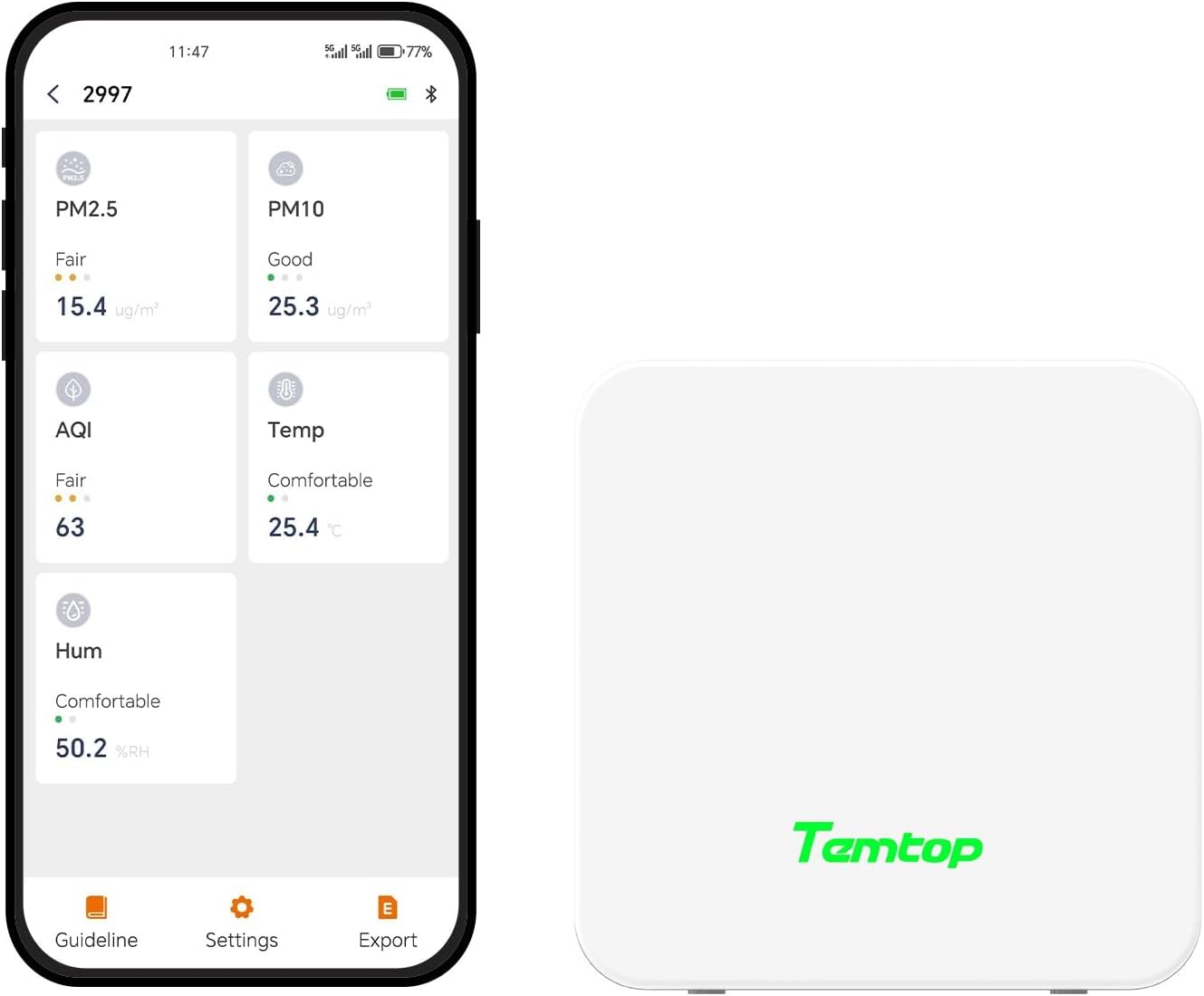 Temtop P1 Air Quality Monitor, PM2.5/PM10/Temperature/Humidity Sensor with Bluetooth App, AQI Tracking & Portable Design for Home, Office, Car, and Travel Use