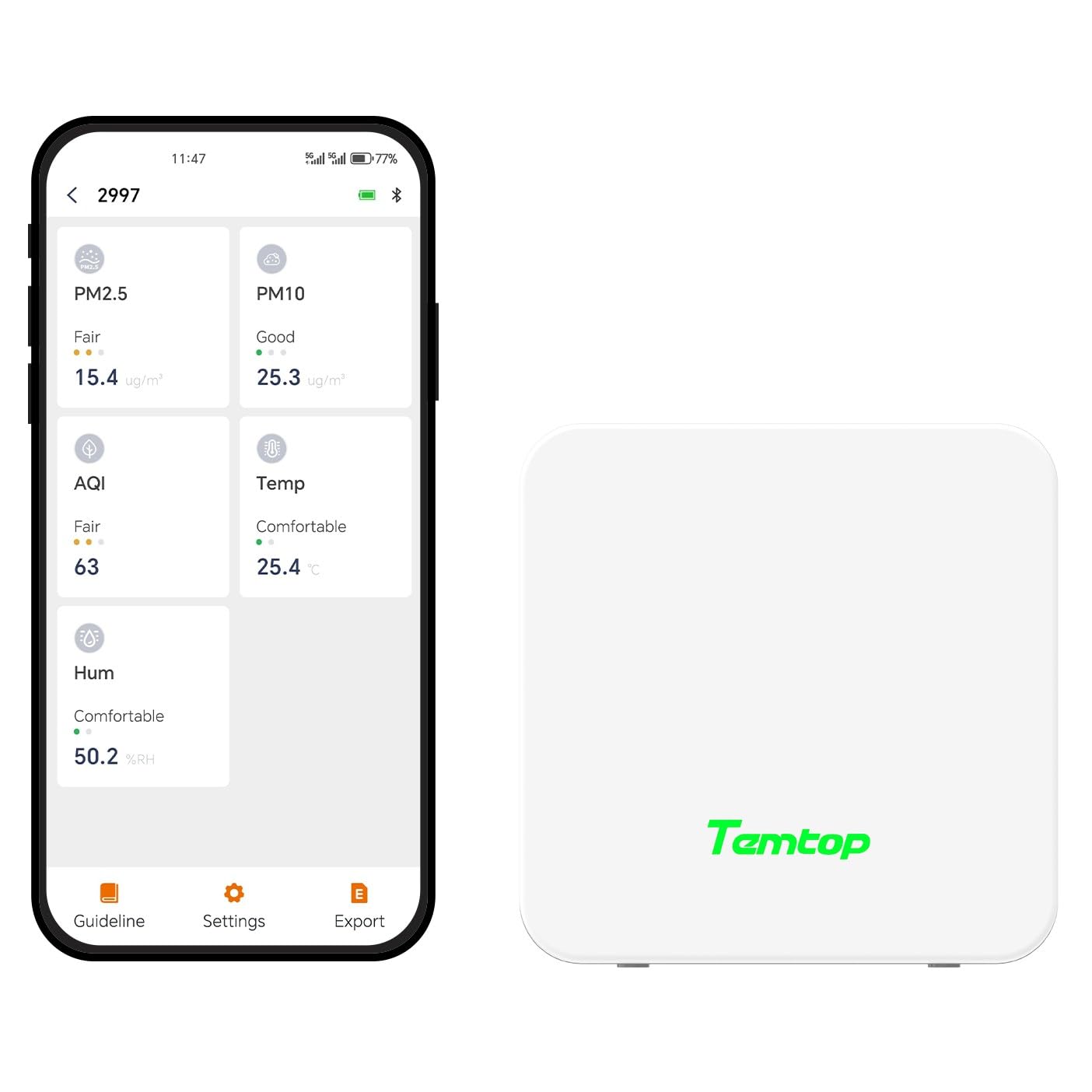 Temtop P1 Air Quality Monitor, PM2.5/PM10/Temperature/Humidity Sensor with Bluetooth App, AQI Tracking & Portable Design for Home, Office, Car, and Travel Use