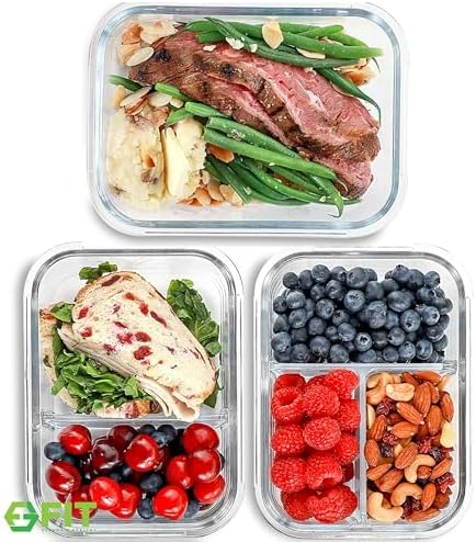 FIT Strong & Healthy Glass Meal Prep Containers with Lids, 1 & 2 & 3 Compartments – Portion Control Containers, Glass Lunch Box, Food Storage, Leak-Proof, Oven & Freezer Safe, 35 oz, Blue, 3 Pack