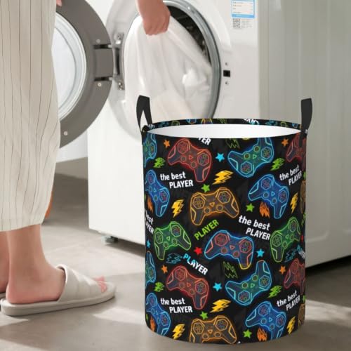 Image of Game Round Laundry Hamper Gaming Gamer Storage Basket Toys Clothes Organizer Bin For Home Bathroom Bedroom Dorm Nursery, 62l