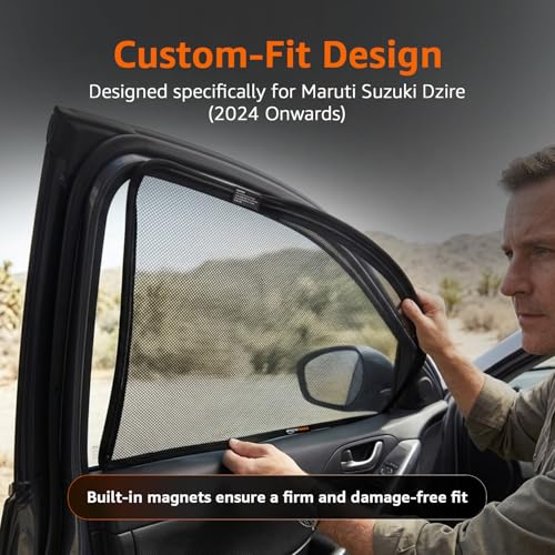 Image of Amazon Basics Side Window Sun Shade for Maruti Suzuki Dzire (2024 Onwards) - Front Half Cut + Rear Zipper | Custom-Fit Magnetic Car Curtains | Black | Pack of 4 Pcs | Cotton Mesh