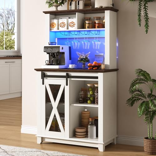 Image of 31.5 inchWide Farmhouse Coffee Bar Cabinet with LED Light,Wine Bar Cabinet w /2 Storage Hutch,Kitchen Buffet Cabinet w /Sliding Barn Door & Wine and Glass Racks for Kitchen Dining Room(Antique White)