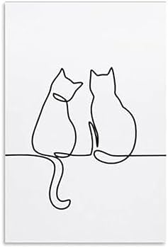 Amazon.co.jp: 白黒ポスター 2匹の猫 単線画 アート キャンバス
