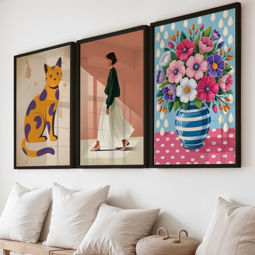 Image of NoWorries Modern Cat Illustration Wall Art Framed Painting Set of 3 | Minimalist Woman Portrait Prints with Frame | Colorful Floral Vase Artwork | Boho Scandinavian Home Decor Wall Frames for Living Room, Bedroom and Office Wall Gallery (Ready to Hang) (Art-12, 10x13inch, Wooden)