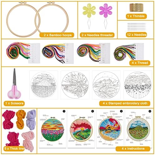 TAVOLOZZA 4 Sets Embroidery Starter Kit with Pattern and Instructions, Punch Needle Kit Includes 4 Embroidery Clothes with Floral Pattern, 2 Embroidery Hoops, Color Threads and Tools