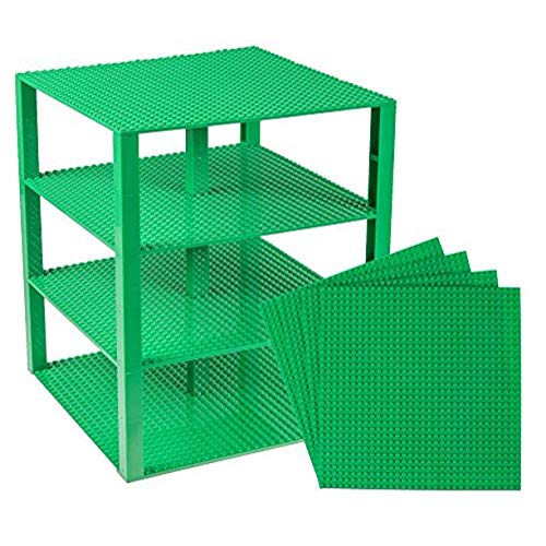Briks Classic Baseplates 10" x 10" Brik Tower 100% Compatible with All Major Brands | Building Bricks for Towers and More | 4 Light Green Stackable Base Plates & 30 Stackers