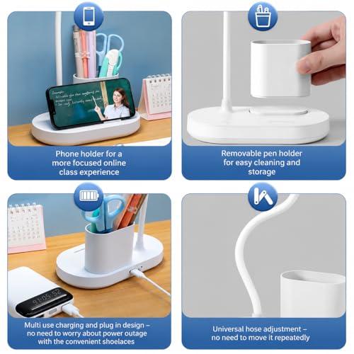 Image of FLYNGO Plastic 3 Color Mode Led Study Table Desk Lamp for Students with Pen & Phone Holder, Rechargeable Touch On /Off Studying