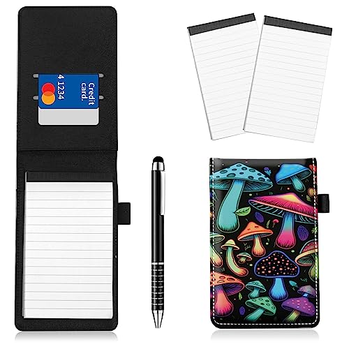Juego de 4 soportes para bloc de notas de piel sintética con 2 blocs de notas pequeños y lápiz capacitivo, 5.4 x 3.4 pulgadas para oficina, reporteros, policía, noticias, estudiantes, seta de ensueño