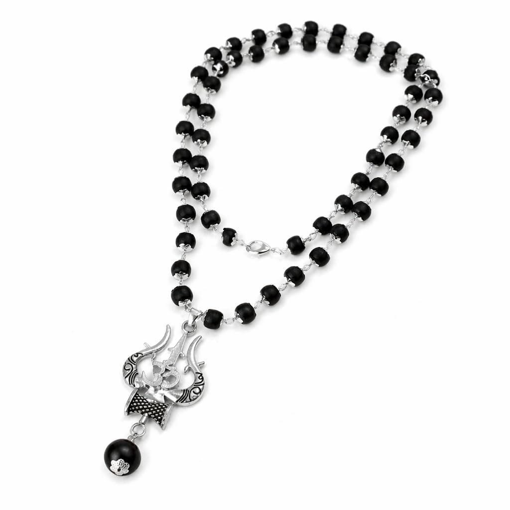 marmoris ecom silver plated om shiva trishul karungali mala | 54 beads black ebony wood necklace, spiritual protection, meditation healing, energy balance, shiva bhakti jewelry for men & women