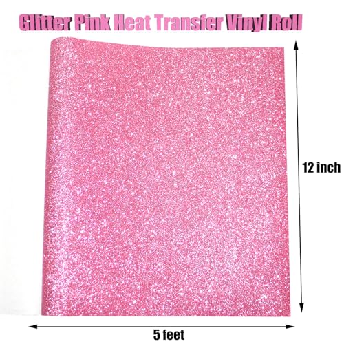Image of Glitter Pink Heat Transfer Vinyl Roll 12 x 5 Feet Iron on HTV for T-Shirts, DIY Design Silhouette Cameo &Heat Press Machine(Pink htv)