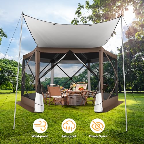 Image of COBIZI Pop Up Gazebo Screen Tent Screen House for Camping, 12x12 Screen Room with Mosquito Netting, Hub Tent Instant Screened Canopy with Carrying Bag and Ground Stakes, Brown