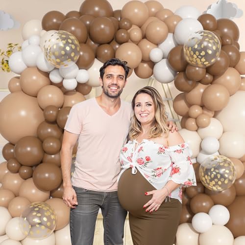 Image of Ouddy Life 157 Pcs Brown Balloons Garland Arch Kit, Beige Nude Neutral White Gold Confetti Different Size Balloon for Birthday Teddy Bear Baby Shower Neutral Woodland Wild One Wedding Party Decoration