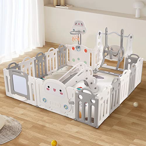 Laufgitter Baby Laufstall mit Zeichenbrett, Pinsel,, Kinderrutsche und Basketballkorb (200*200*61 cm) , Matten und Dekorationen sind nicht im Lieferumfang enthalten Cover