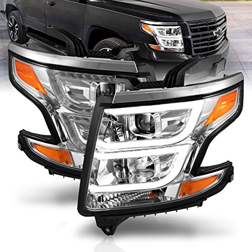 AmeriLite for 2015-2017 Chevy Tahoe Suburban Halogen Type Dual Crystal LED DRL Projector Chrome Headlights Set (Bulbs Included) - Passenger and Driver Side